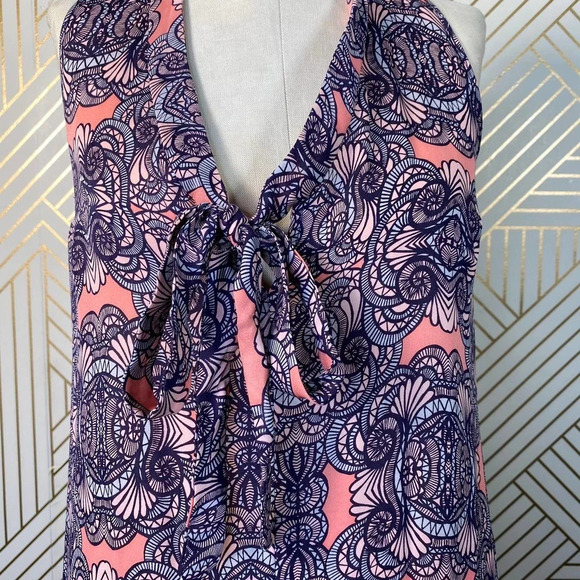 Amanda Uprichard‎ Mini Dress Drop Hem Tie Neck Geometric Print Pink Purple Small - Picture 2 of 10